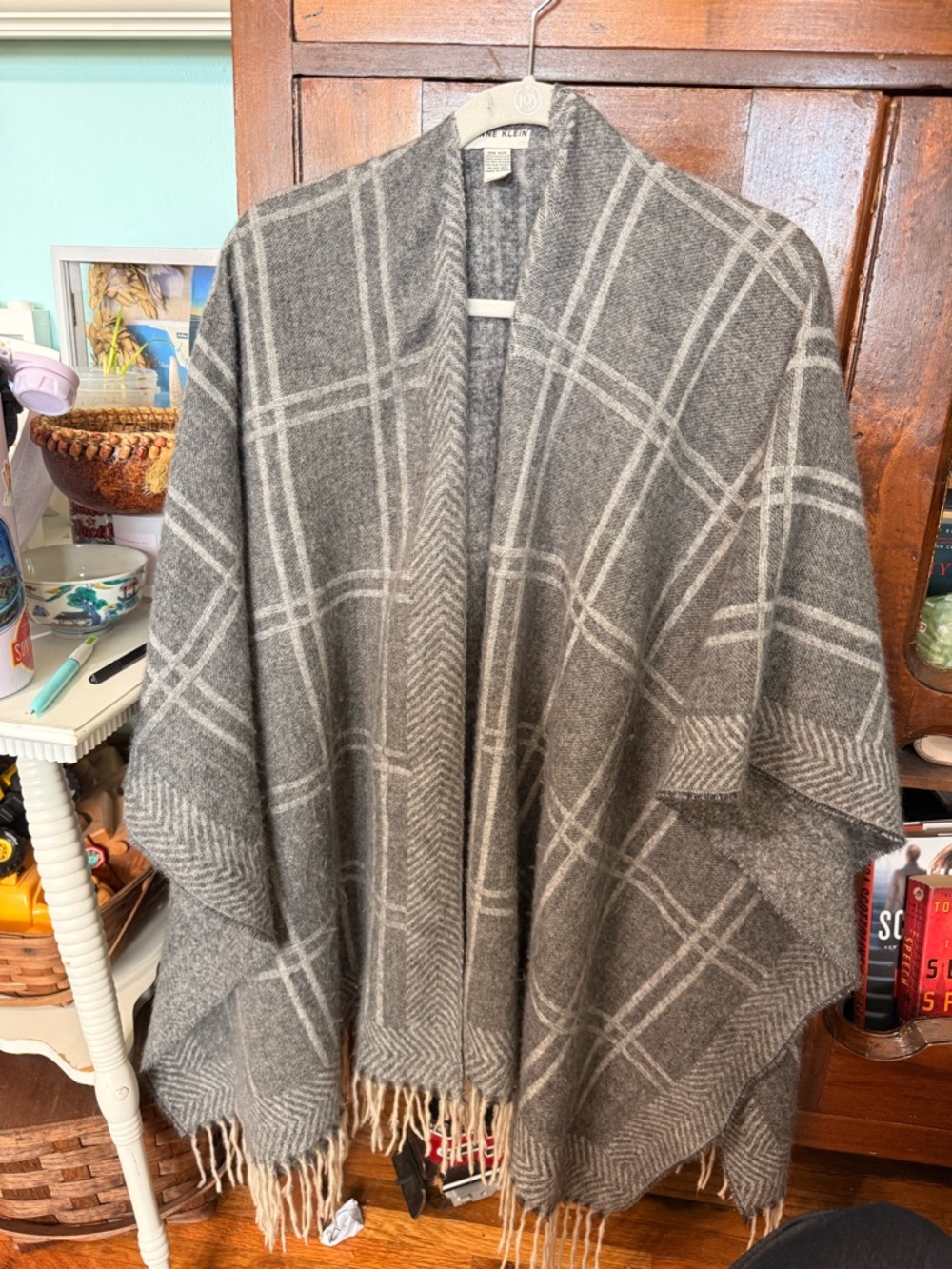 Anne Klein Grey Plaid Fringe Shawl Cape